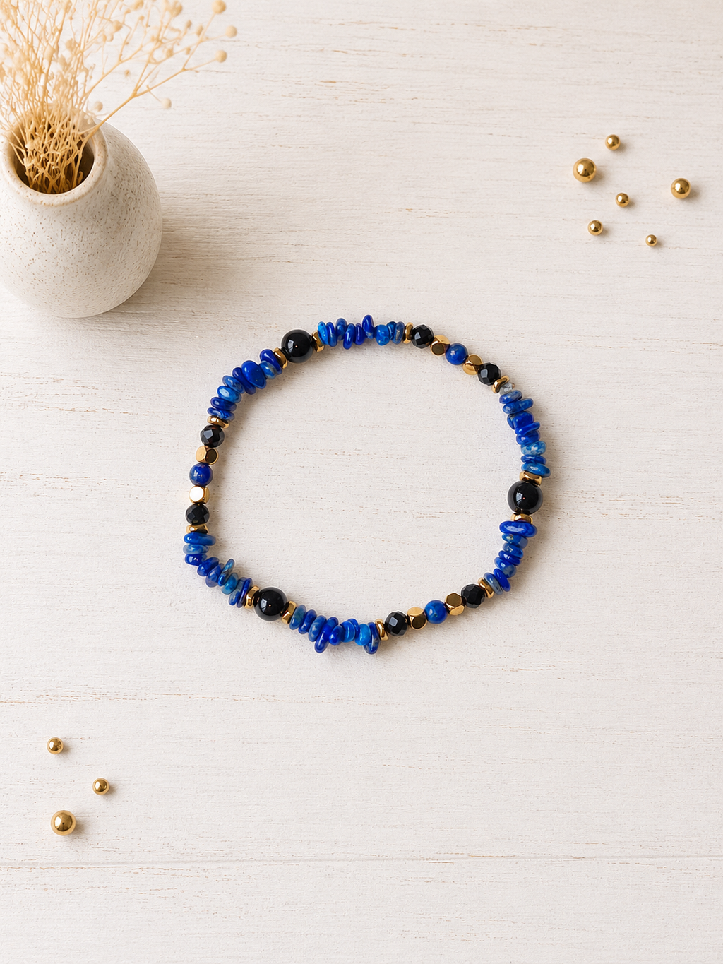 Bracelet Jaipur en lapis lazuli, onyx et hématite dorée
