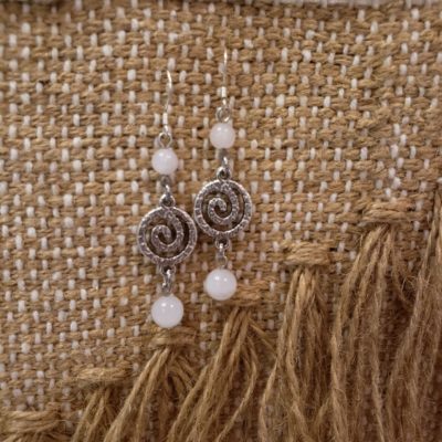 boucles d'oreilles spirales argentées perles pierres naturelles quartz rose 8mm zamak crochet d'oreille argent 925