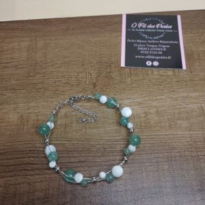 bracelet fil d'acier inoxydable perles en pierres naturelles aventurine verte nacre de 4 6 et 8mm avec fermoir et chaine d'extension
