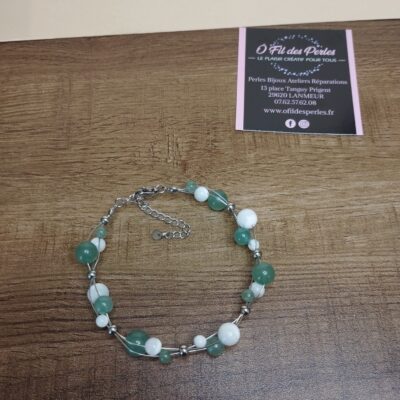 bracelet fil d'acier inoxydable perles en pierres naturelles aventurine verte nacre de 4 6 et 8mm avec fermoir et chaine d'extension