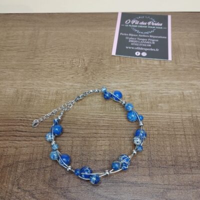 bracelet fil acier inoxydable perles pierres naturelles jaspe imperial teinté 4 6 8mm avec fermoir et chaine d'extension
