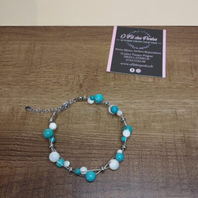 bracelet fil acier inoxydable magnésite teintée nacre du pacifique perles pierres naturelles 4 6 8mm fermoir et chaine d'extension