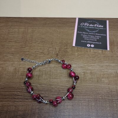 bracelet acier inoxydable perles pierres naturelles œil de tigre rose teinté 4 6 8mm avec fermoir et chaine d'extension