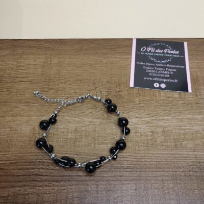 bracelet fil d'acier inoxydable perles pierres naturelles onyx noir 4 6 8mm fermoir et chaine d'extension